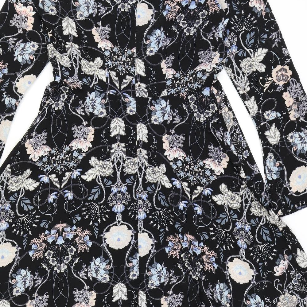 M&Co Womens Black Geometric Polyester Fit & Flare Size 10 Round Neck Zip