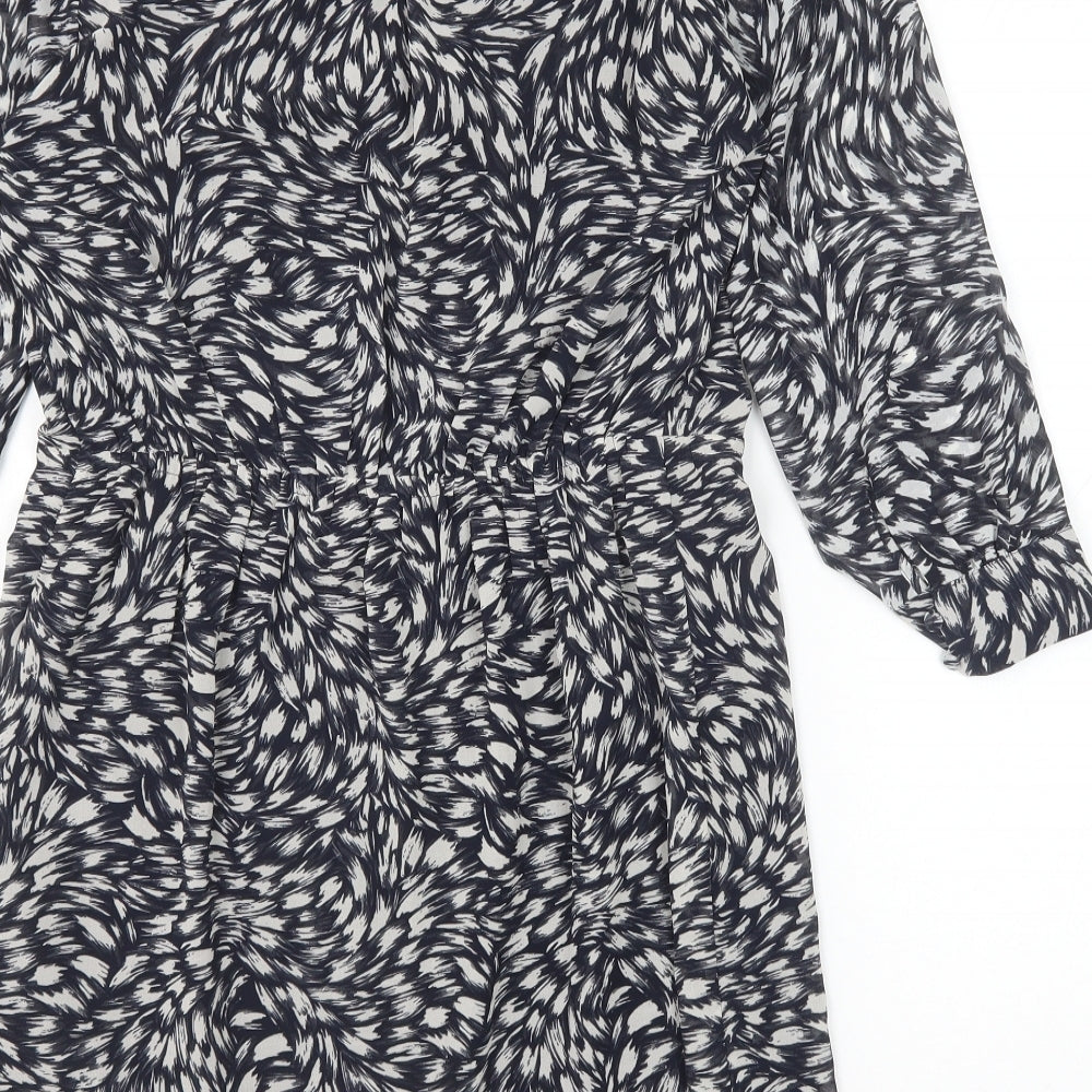 H&M Womens Blue Geometric Polyester A-Line Size S V-Neck Button