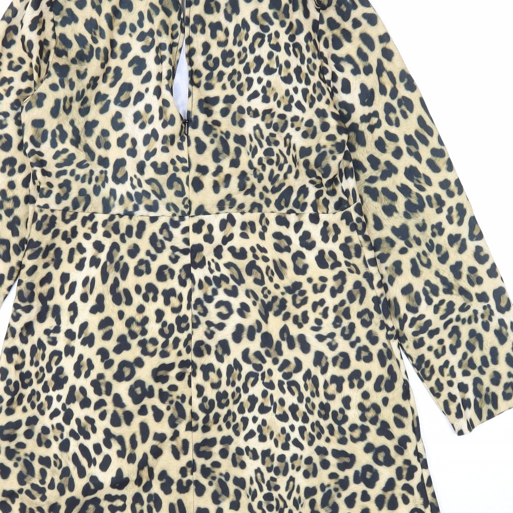 Zara Womens Brown Animal Print Polyester A-Line Size M Mock Neck Zip - Leopard Pattern