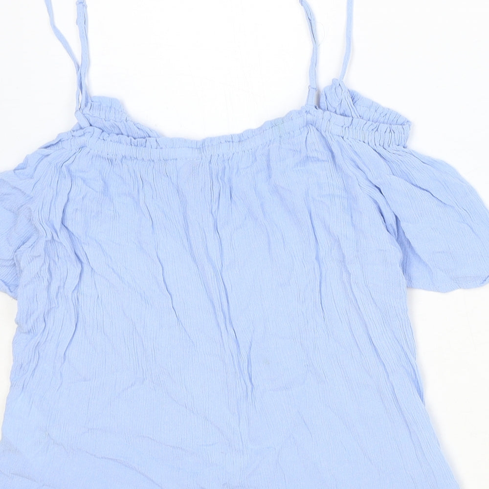 Divided Womens Blue Viscose Basic Blouse Size 10 V-Neck - Tie Neck Detail Cold Shoulder