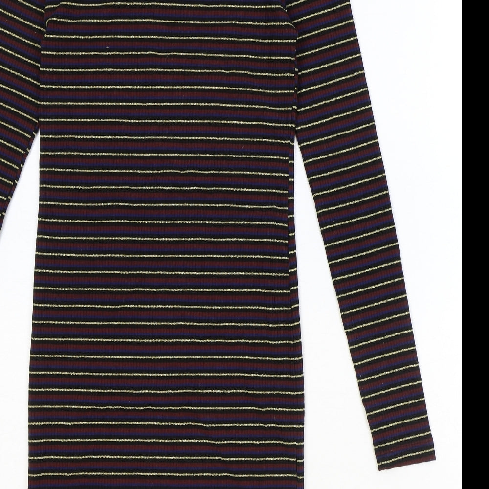 Topshop Womens Multicoloured Striped Polyester Bodycon Size 6 Mock Neck Pullover