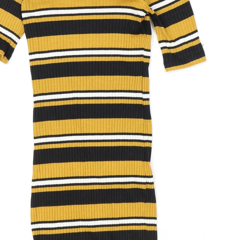 New Look Womens Yellow Striped Polyester Pencil Dress Size 10 Square Neck Pullover
