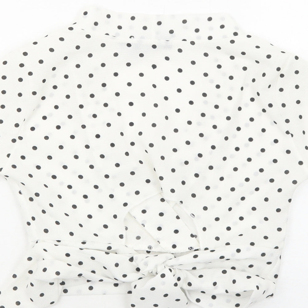 PRETTYLITTLETHING Womens White Polka Dot Polyester Cropped Blouse Size 6 V-Neck