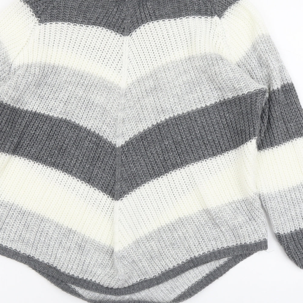 Cameo Rose Womens Grey Round Neck Striped Acrylic Pullover Jumper Size M
