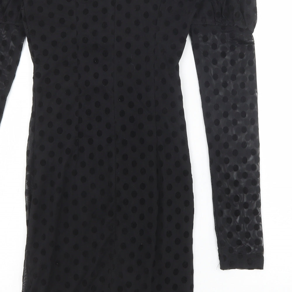 Naanaa Womens Black Polka Dot Viscose Bodycon Size 6 Square Neck Zip