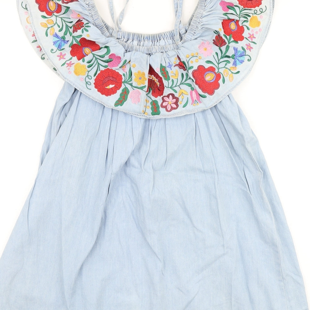 Topshop Womens Blue Floral 100% Cotton A-Line Size 6 Square Neck Pullover - Cold Shoulder