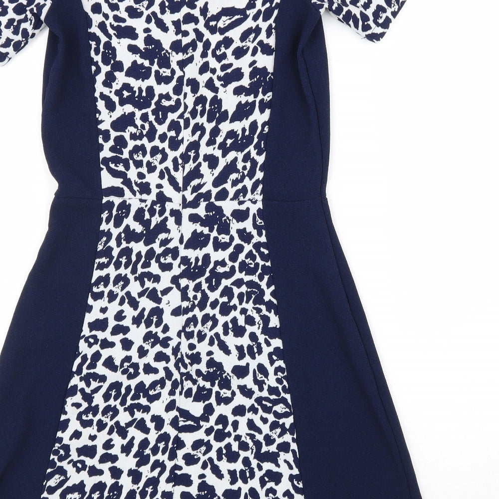 Atmosphere Womens Blue Animal Print Polyester A-Line Size 6 Round Neck Zip - Leopard print