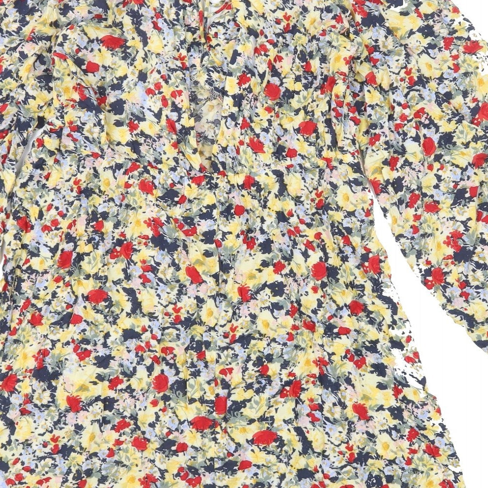 H&M Womens Multicoloured Floral Viscose A-Line Size S V-Neck Tie