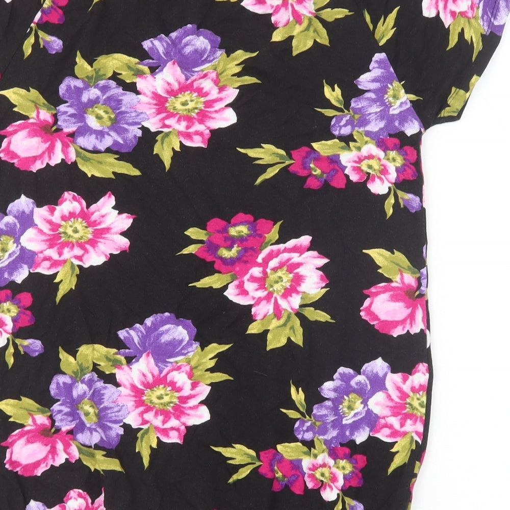 Debenhams Womens Black Floral Viscose Basic T-Shirt Size 10 V-Neck