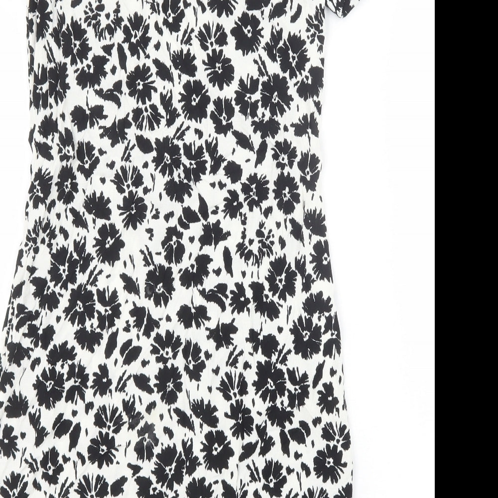 Marks & Spencer Womens Black Floral Viscose A-Line Size 8 Scoop Neck Zip