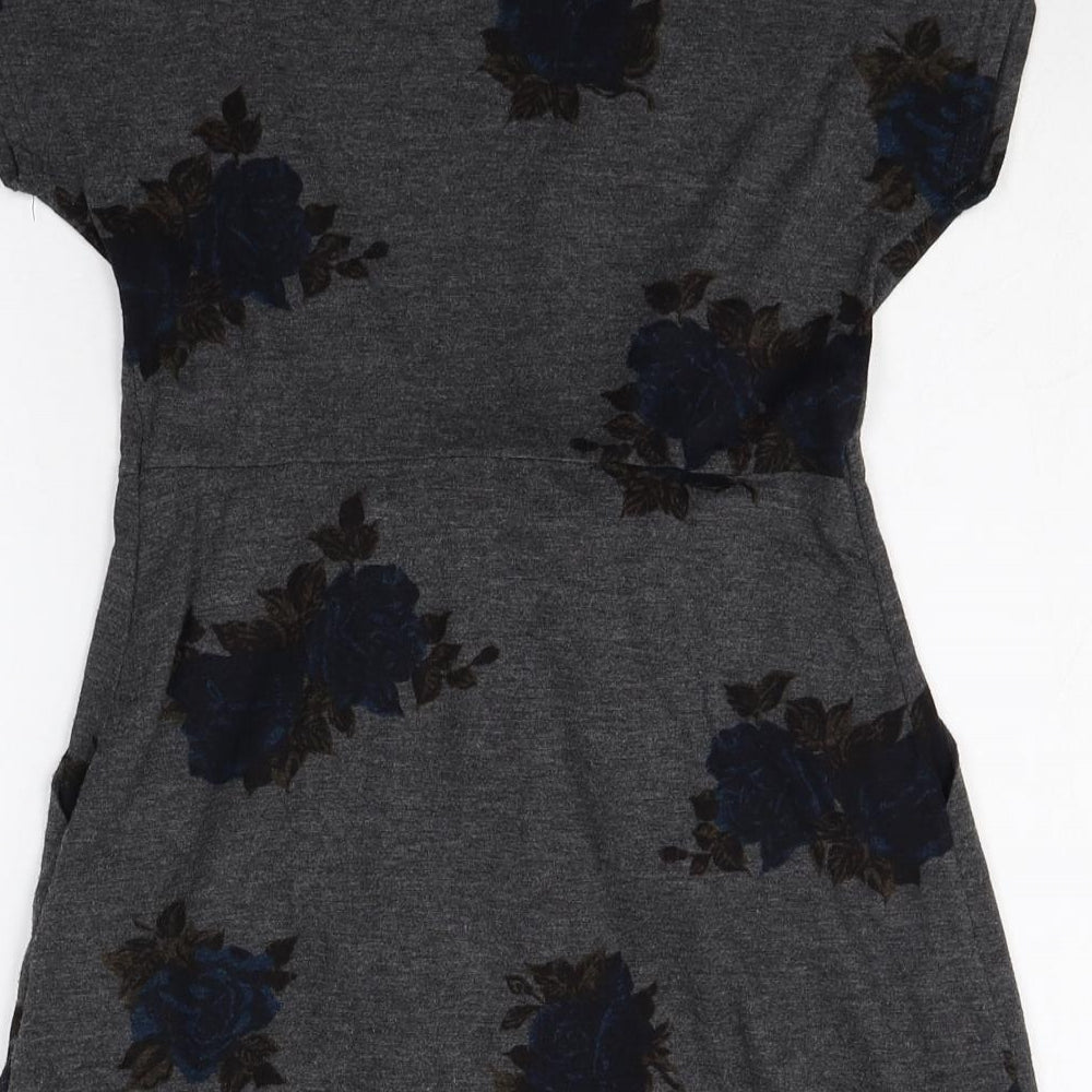 Kimchi Blue Womens Black Floral Polyester T-Shirt Dress Size S Boat Neck Pullover