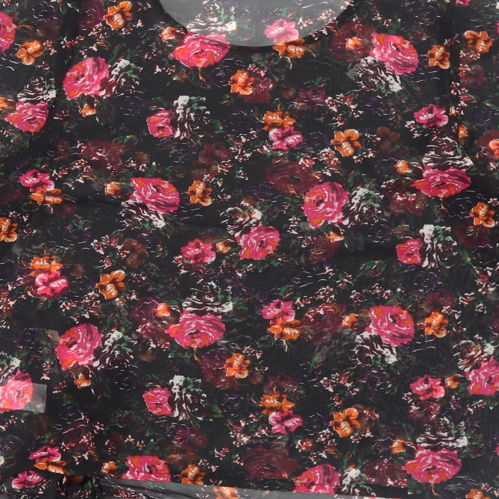 Peacocks Womens Black Floral Polyester Basic Blouse Size 12 Scoop Neck - Tie Front Detail