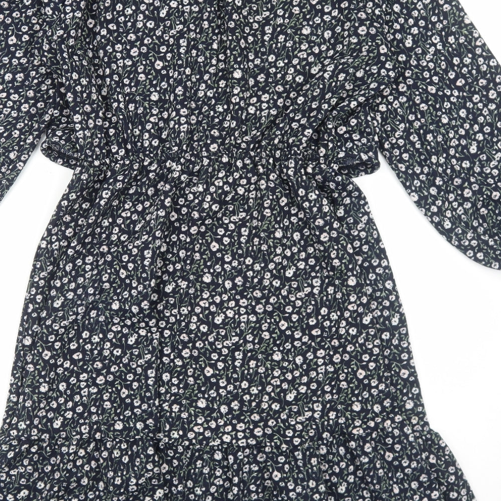 H&M Womens Blue Floral Viscose A-Line Size S Round Neck Pullover