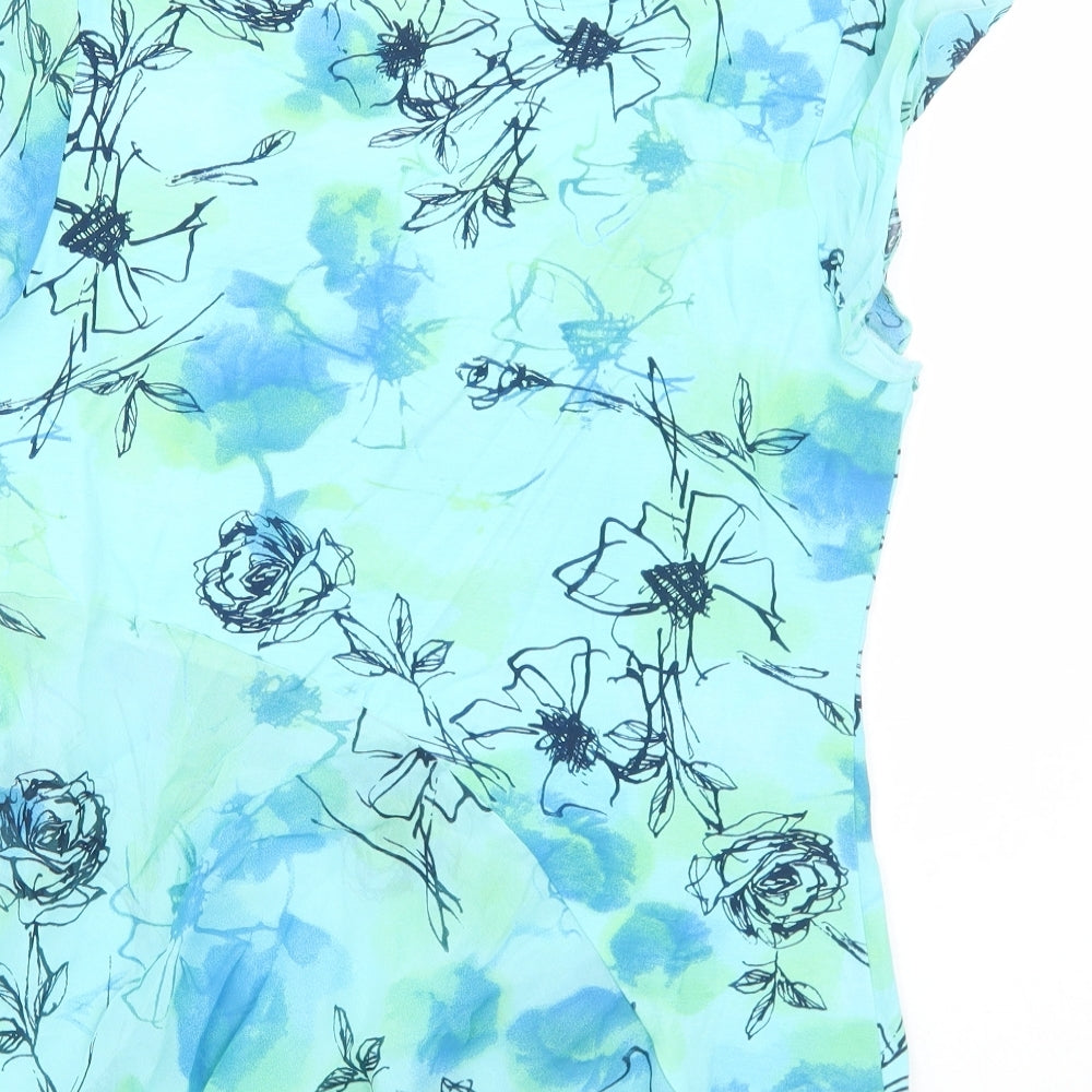 Mandy Marsh Womens Blue Floral Polyester Basic Blouse Size 14 Scoop Neck