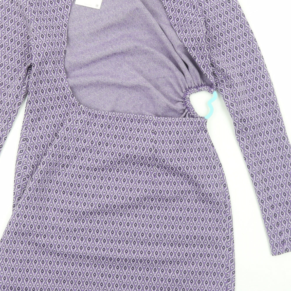 Zara Womens Purple Geometric Viscose Bodycon Size L High Neck Pullover - Cut Out Back Detail