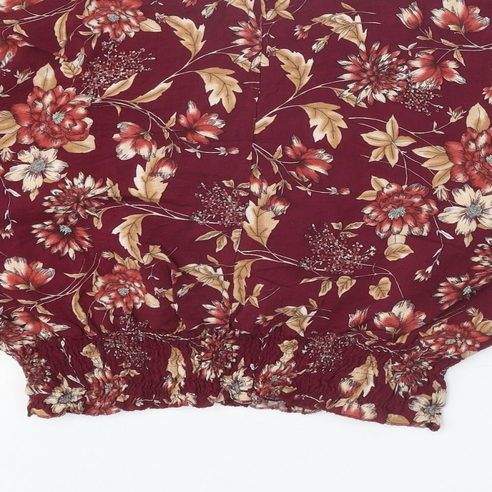Marks & Spencer Womens Red Floral Viscose Basic Blouse Size 14 Round Neck