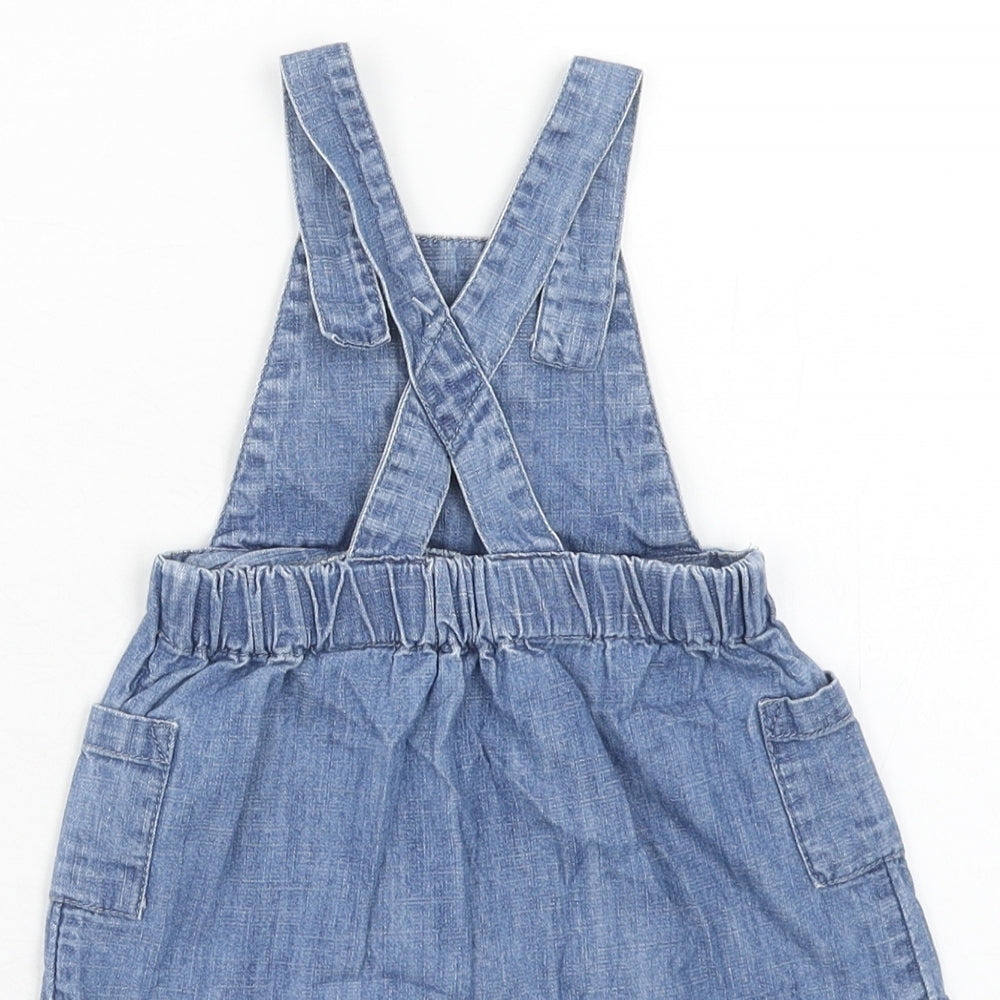 Marks & Spencer Girls Blue Cotton Pinafore/Dungaree Dress Size 3-6 Months Square Neck Button