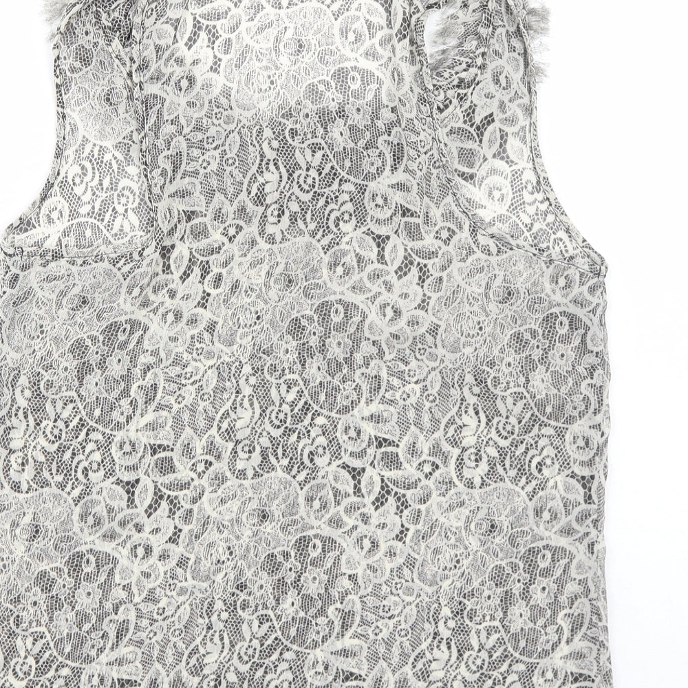 Topshop Womens Black Geometric Polyester Basic Tank Size 10 Round Neck - Lace Effect