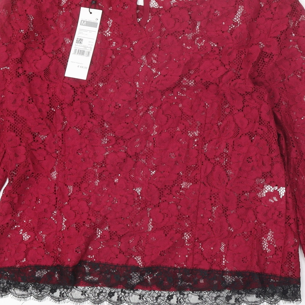 Sisley Womens Red Geometric Cotton Basic Blouse Size M Round Neck