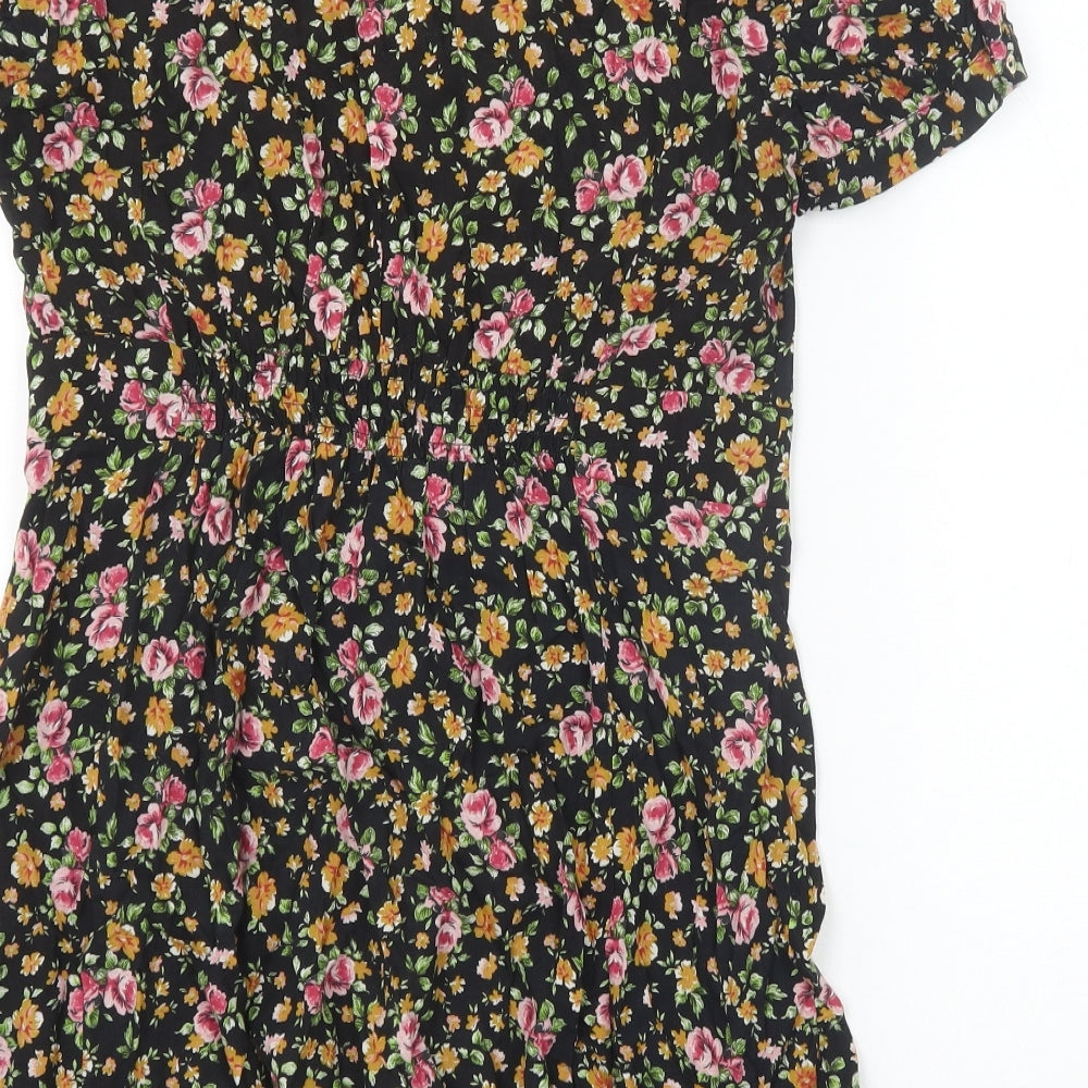 River Island Womens Black Floral Viscose A-Line Size 12 Scoop Neck Button