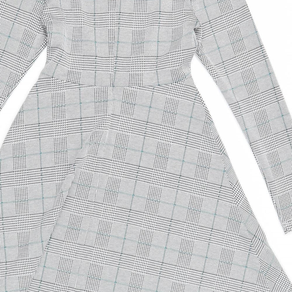 Marks & Spencer Womens White Plaid Polyester Fit & Flare Size 8 Round Neck Zip