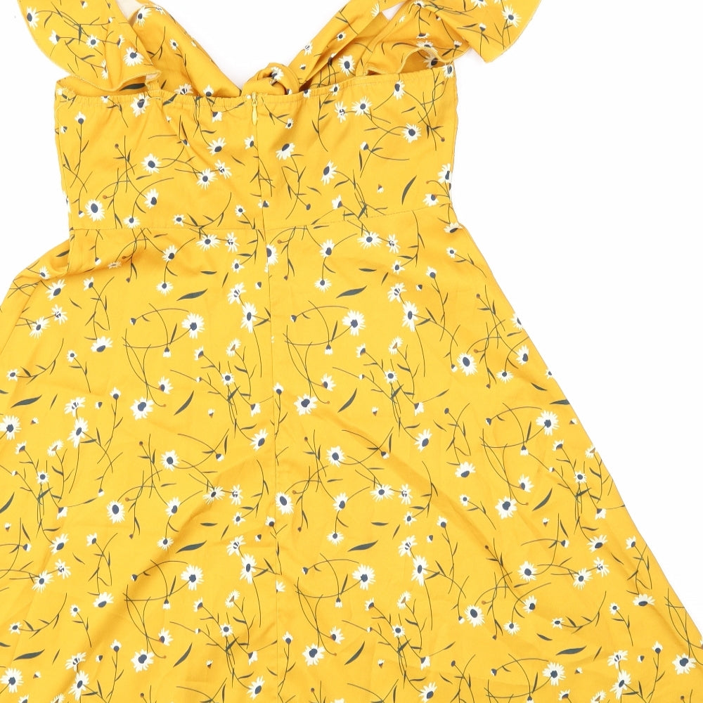 SHEIN Womens Yellow Floral Polyester Fit & Flare Size XS V-Neck Zip