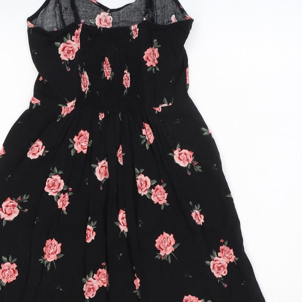 H&M Womens Black Floral Viscose Slip Dress Size 4 V-Neck Pullover - Shirred Back