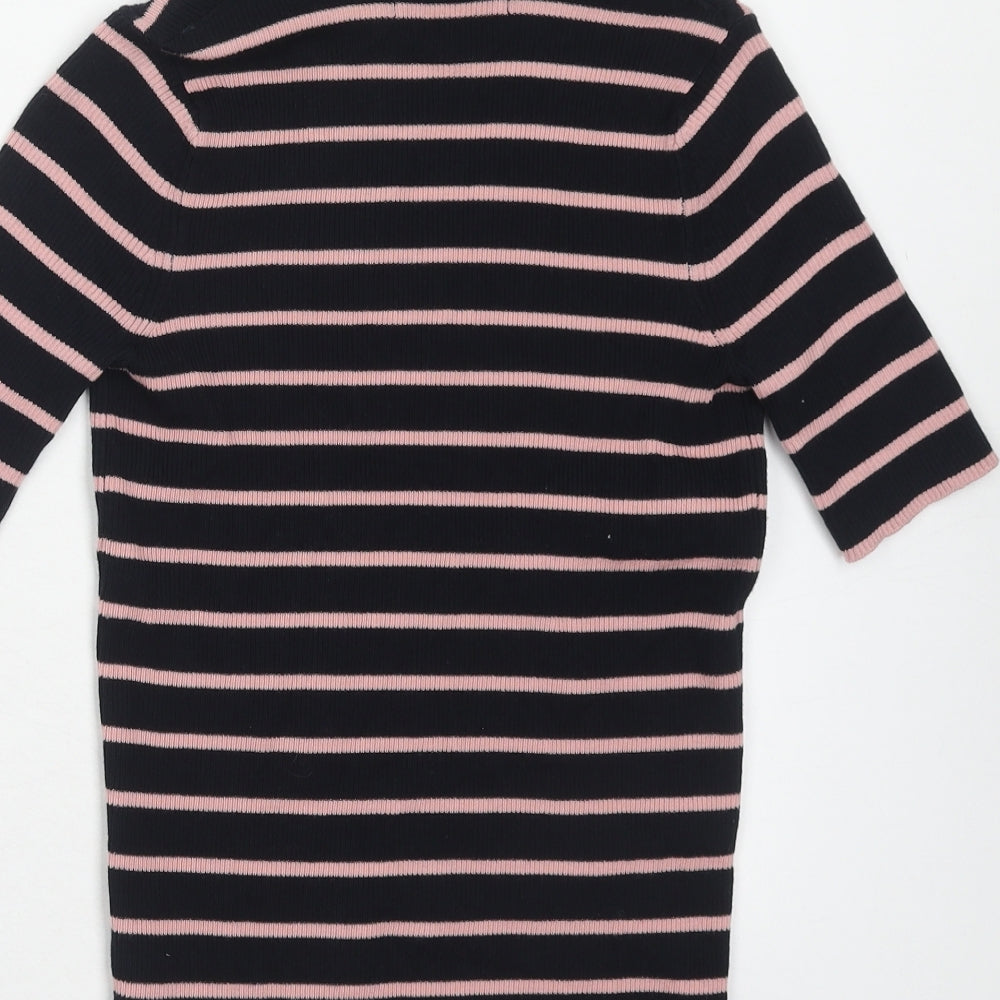 Marks & Spencer Womens Blue Striped Cotton Basic Polo Size XS Collared - Ribbed