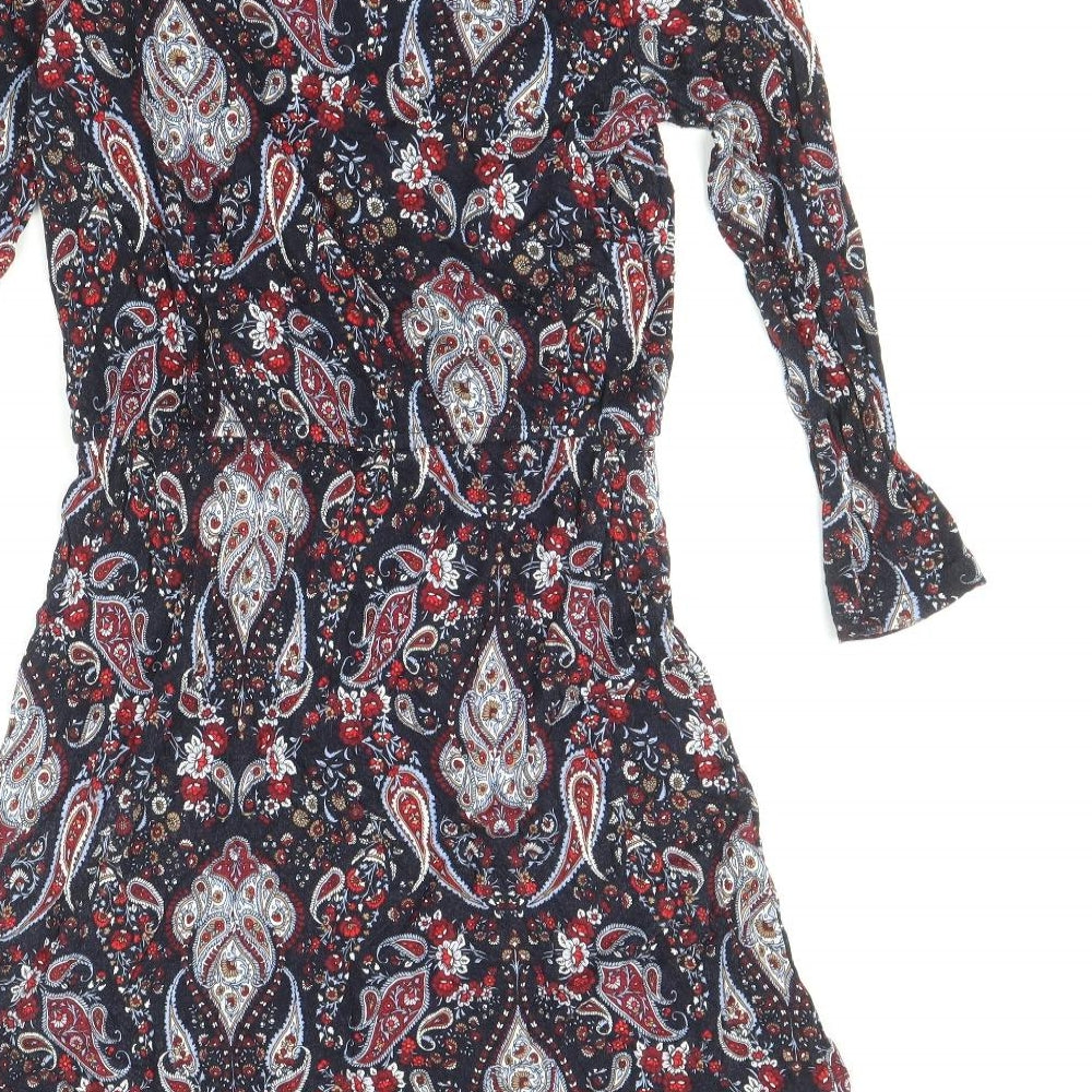 H&M Womens Blue Paisley Viscose Mini Size S Scoop Neck Pullover