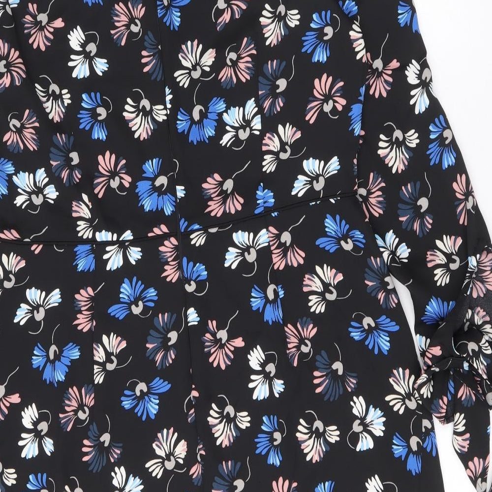 Warehouse Womens Black Floral Polyester Shift Size 14 Scoop Neck Zip - Tie Sleeve Detail