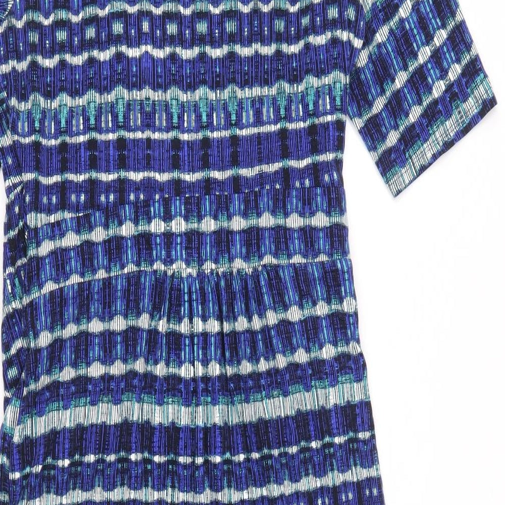 Per Una Womens Blue Geometric Viscose Pencil Dress Size 12 V-Neck Pullover - Side Ruched