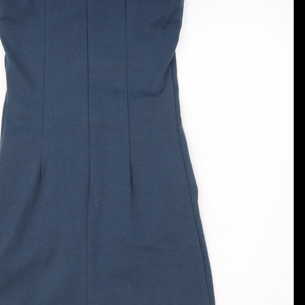 VERO MODA Womens Blue Polyester Shift Size S Boat Neck Zip - Front Pleat Detail