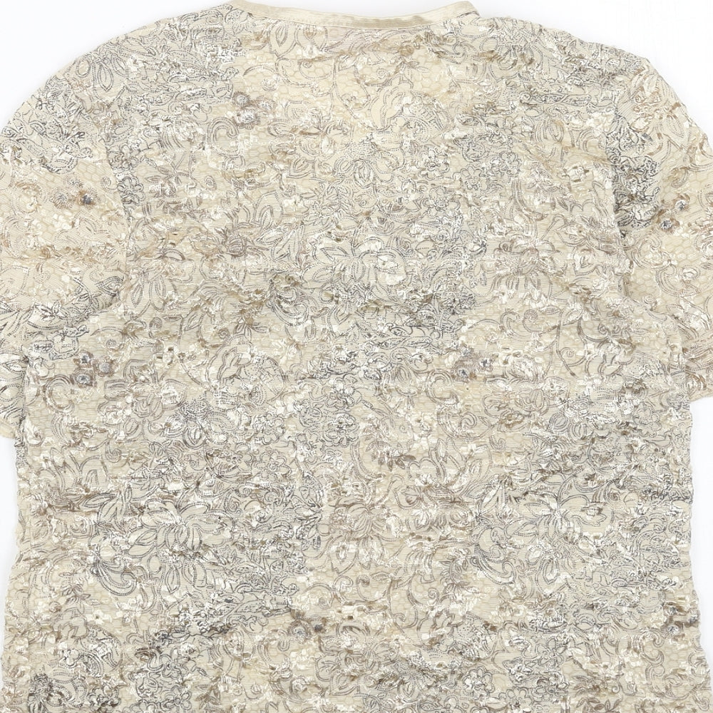 Bonmarché Womens Beige Geometric Polyester Basic T-Shirt Size S V-Neck