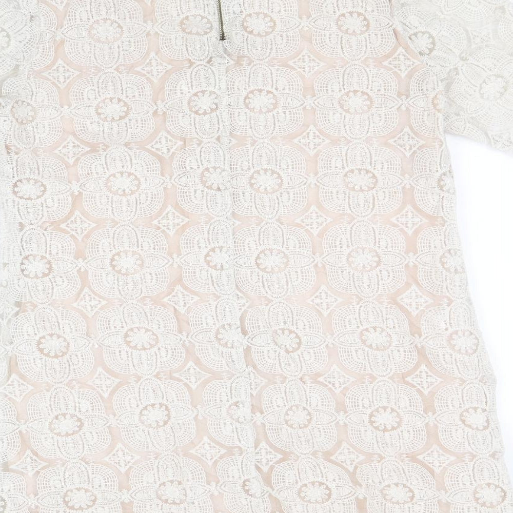 M&Co Womens Ivory Geometric Nylon A-Line Size 14 Round Neck Zip