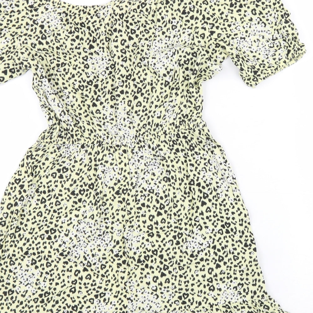 Miss Selfridge Womens Yellow Animal Print Viscose Fit & Flare Size 6 Round Neck Drawstring - Leopard Pattern