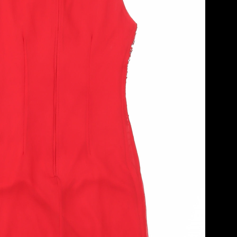 Maya Deluxe Womens Red Geometric Polyester A-Line Size 10 V-Neck Zip