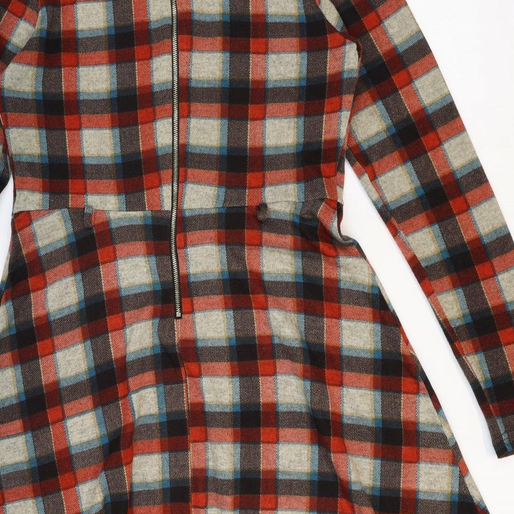 Yumi Womens Red Plaid Polyester Fit & Flare Size 12 Round Neck Zip
