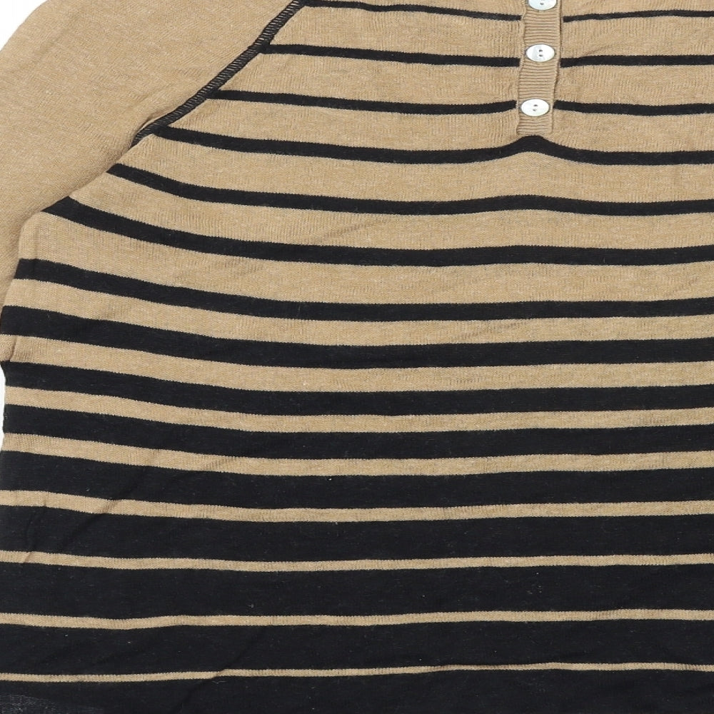 Cynthia Rowley Womens Brown Striped Viscose Basic T-Shirt Size L Round Neck