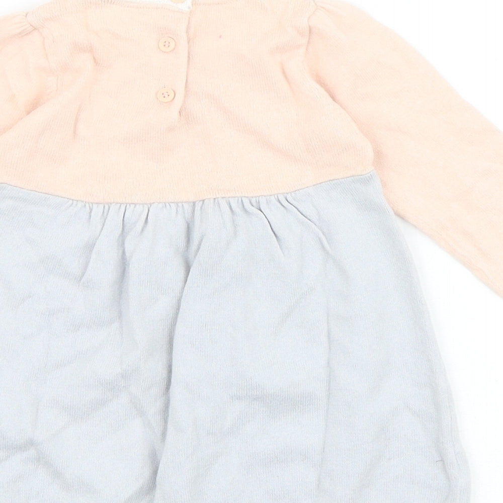 Marks & Spencer Baby Grey Colourblock 100% Cotton Jumper Dress Size 9-12 Months Round Neck Button