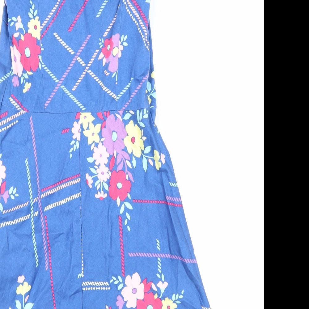 New Look Womens Blue Geometric Cotton A-Line Size 8 Round Neck Pullover
