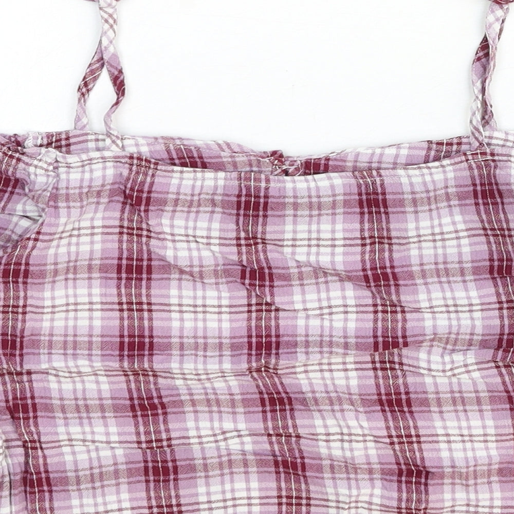 New Look Womens Red Plaid Cotton Basic Blouse Size 10 Off the Shoulder