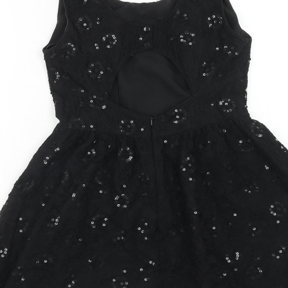 Topshop Womens Black Geometric Nylon Fit & Flare Size 10 Round Neck Button
