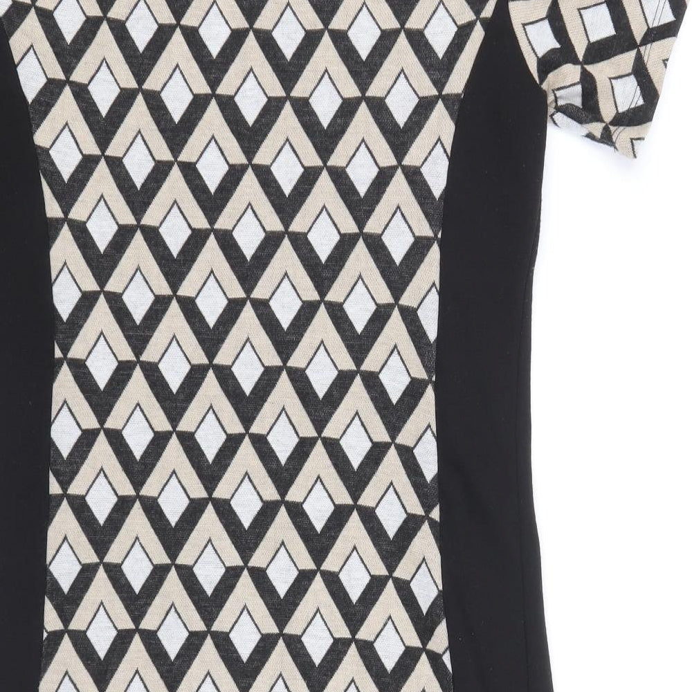Preworn Womens Black Geometric Polyester Shift Size 10 Round Neck Pullover