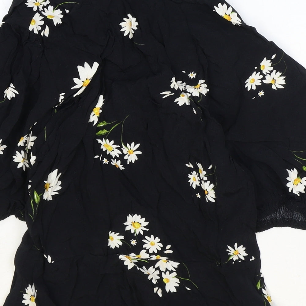 New Look Womens Black Floral Viscose Basic Blouse Size 8 V-Neck - Daisy