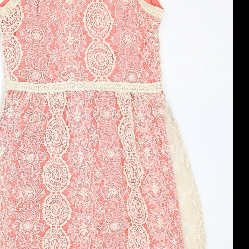 Promod Womens Pink Geometric Nylon A-Line Size 12 Round Neck Button