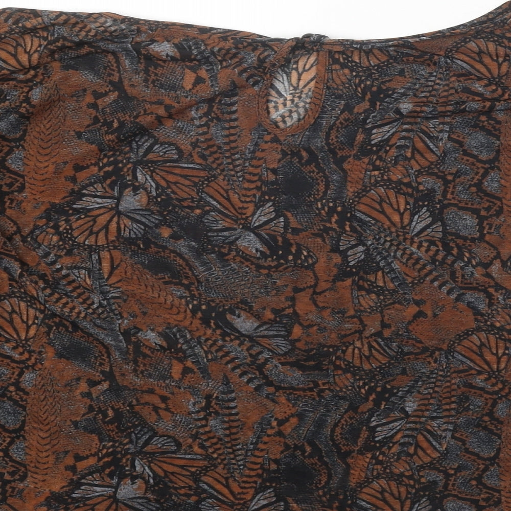 Topshop Womens Brown Geometric Polyester Cropped T-Shirt Size 10 Boat Neck - Butterfly