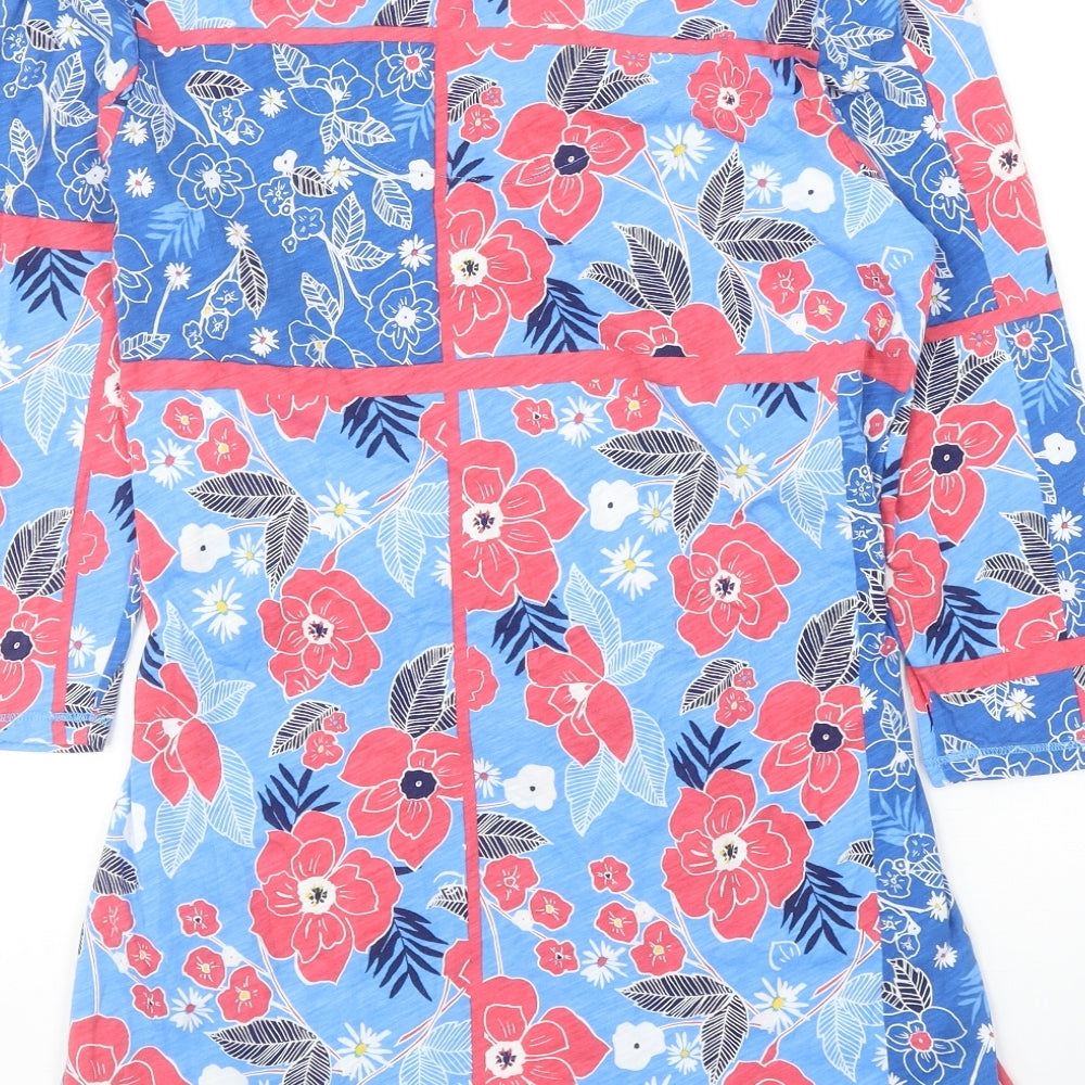 Preworn Womens Blue Floral Cotton A-Line Size 12 V-Neck Pullover