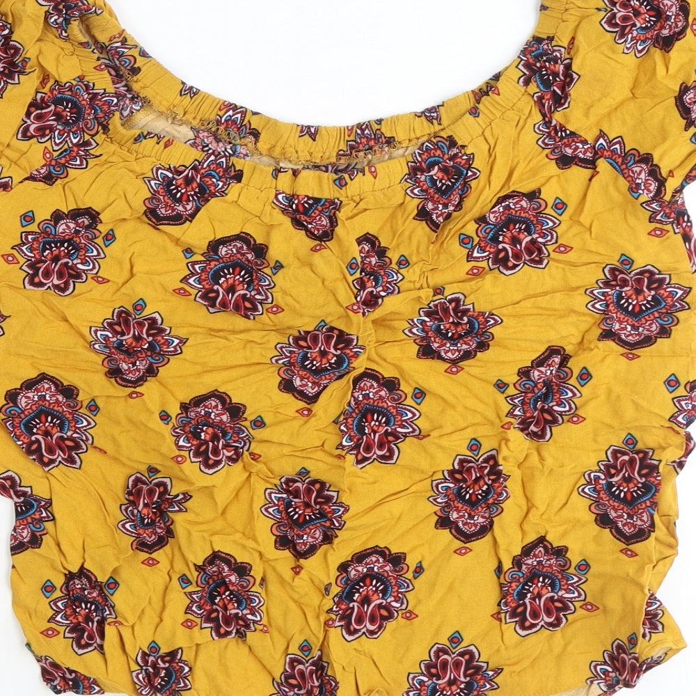 Preworn Womens Yellow Geometric Viscose Basic Blouse Size 12 Off the Shoulder