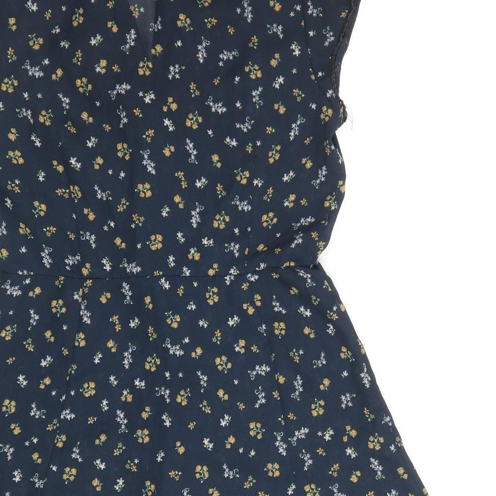 Cooperative Womens Blue Floral Polyester Fit & Flare Size XS V-Neck Button