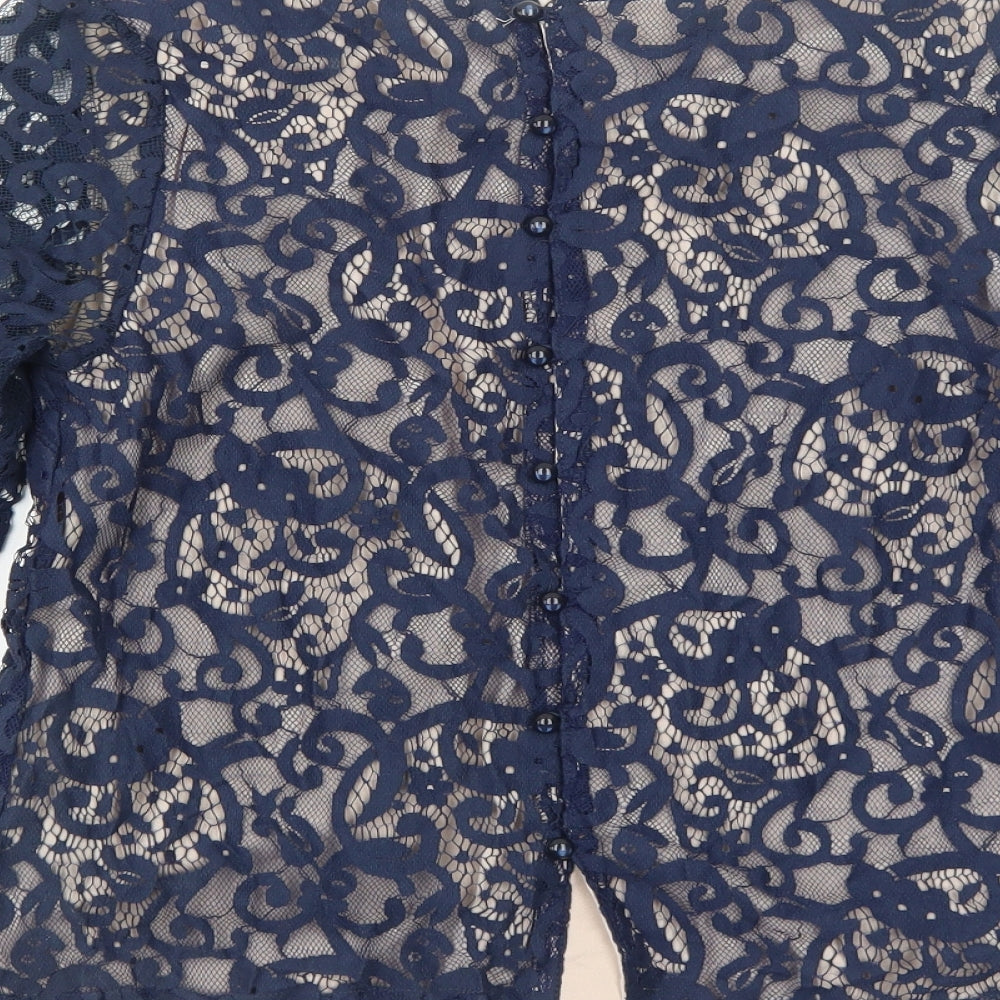 H&M Womens Blue Geometric Polyester Basic Blouse Size S Round Neck